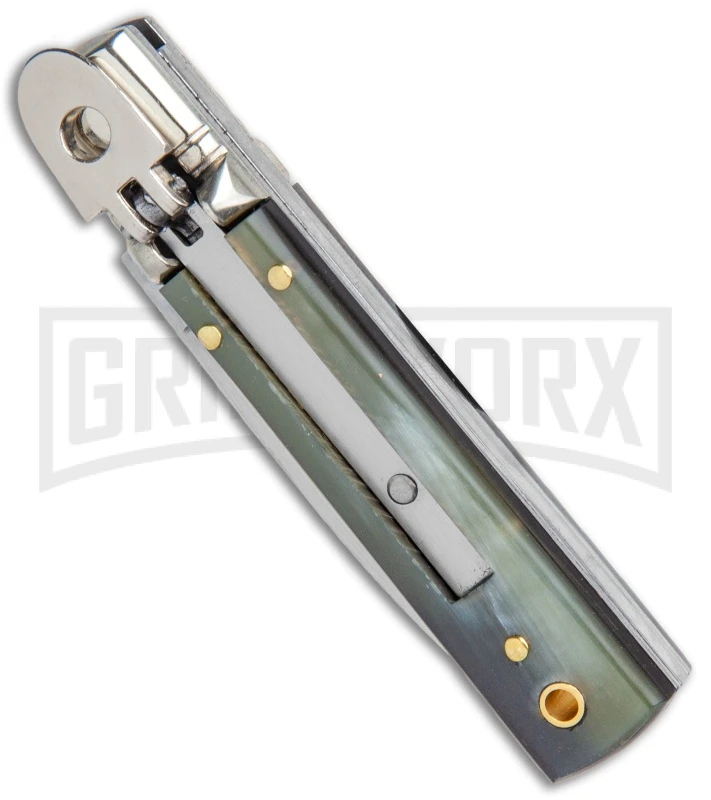 AGA 6" Mini Classic Lever Lock Dark Horn Automatic Knife - Satin Plain 4 AGA 6" Mini Classic Lever Lock Dark Horn Automatic Knife - Satin Plain - Image 2