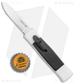 AKC Minion Concord Spear Point OTF Automatic Knife White/Black (2.4" Satin) -Akc Sales Store AKC 007 Mini Concord OTF Auto White Black Satin BHQ 135712 jr bottlecap