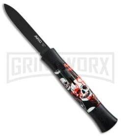 AKC 077 Concord Red/White Skull OTF Automatic Knife - Flat Grind Black Plain