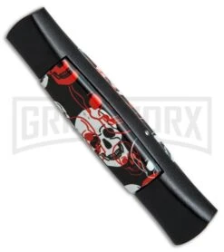 AKC 077 Concord Red/White Skull OTF Automatic Knife - Flat Grind Black Plain -Akc Sales Store AKC 077 concord red white skull black BP 19133 er side large