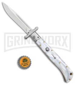 Italian Style 11" Roma White Pearlex Auto Swinguard - Drop Point Polish Plain -Akc Sales Store AKC 11in Roma Auto Swinguard DP White Pearlex Polished BHQ 152966 jr bottlecap large