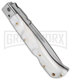 Italian Style 11" Roma White Pearlex Auto Swinguard - Drop Point Polish Plain -Akc Sales Store AKC 11in Roma Auto Swinguard DP White Pearlex Polished BHQ 152966 jr side large