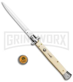 AKC 13" Sim Ivory Acrylic Automatic Italian Dagger Stiletto (Satin Plain) -Akc Sales Store AKC 13in Sim Ivory Handle Auto Stiletto Dagger GX 2387 jr bottlecap large