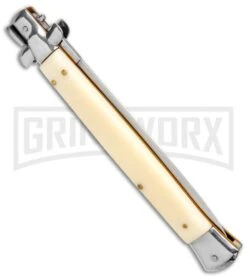 AKC 13" Sim Ivory Acrylic Automatic Italian Dagger Stiletto (Satin Plain) -Akc Sales Store AKC 13in Sim Ivory Handle Auto Stiletto Dagger GX 2387 jr side large