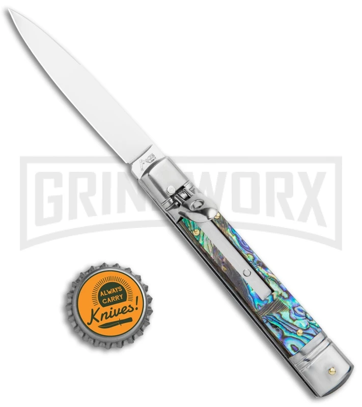 AKC 7.75" Slimline Lever Lock Abalone Automatic Knife - Clip Point Flat 6 AKC 7.75" Slimline Lever Lock Abalone Automatic Knife - Clip Point Flat - Image 4