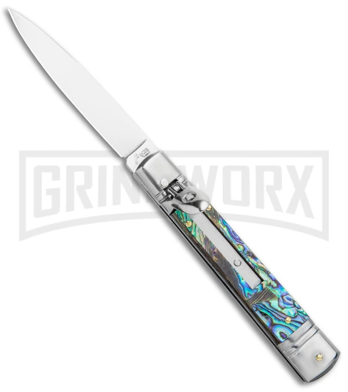 AKC 7.75" Slimline Lever Lock Abalone Automatic Knife - Clip Point Flat 3 AKC 7.75" Slimline Lever Lock Abalone Automatic Knife - Clip Point Flat