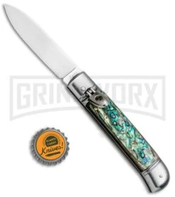 AKC 8" Italian Stiletto Leverlock Abalone Automatic Knife - Flat -Akc Sales Store AKC 8in LL Italian Auto Abalone Polish Flat BHQ 82042 jr bottlecap large