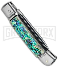 AKC 8" Italian Stiletto Leverlock Abalone Automatic Knife - Flat -Akc Sales Store AKC 8in LL Italian Auto Abalone Polish Flat BHQ 82042 jr side large