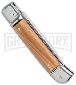 AKC 8" Lever Lock Olive Wood Automatic Knife - Flat Plain -Akc Sales Store AKC 8in LL Italian Auto Olive Wood Polish Flat BHQ 104108 jr side large