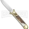 AKC 8" Shot Shell Puller Lever Lock Stag Automatic Knife - Flat Plain -Akc Sales Store AKC 8in Shot Puller Stag Horn LL Brass Satin Plain BP 25381 jr large
