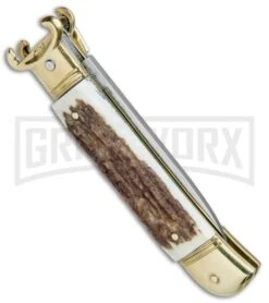 AKC 8" Shot Shell Puller Lever Lock Stag Automatic Knife - Flat Plain 8 AKC 8" Shot Shell Puller Lever Lock Stag Automatic Knife - Flat Plain -Akc Sales Store AKC 8in Shot Puller Stag Horn LL Brass Satin Plain BP 25381 jr side large