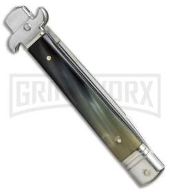 AKC 9" Leverletto Brazillian Horn Automatic Knife - Swedge Grind -Akc Sales Store AKC 9in leverletto brazillian horn swedge BP 18824 er side large