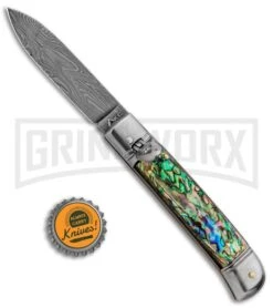 AKC 8" Italian Stiletto Lever Lock Abalone Automatic Knife - Damascus Plain -Akc Sales Store AKC Classic 8in LL Abalone Damascus Flat BP 30459 jr bottlecap large