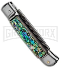 AKC 8" Italian Stiletto Lever Lock Abalone Automatic Knife - Damascus Plain -Akc Sales Store AKC Classic 8in LL Abalone Damascus Flat BP 30459 jr side large