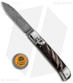 AKC Classic 8" Lever Lock Automatic Italian Knife Dark Horn (3.2" Damascus) -Akc Sales Store AKC Classic 8in LL Dark Horn Damascus Flat BP 30457 jr bottlecap
