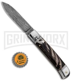 AKC 8" Italian Stiletto Lever Lock Dark Horn Automatic Knife - Damascus Plain -Akc Sales Store AKC Classic 8in LL Dark Horn Damascus Flat BP 30457 jr bottlecap large