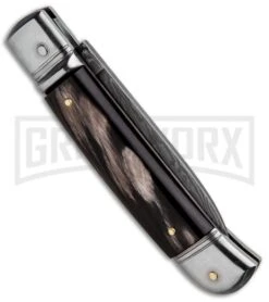 AKC 8" Italian Stiletto Lever Lock Dark Horn Automatic Knife - Damascus Plain -Akc Sales Store AKC Classic 8in LL Dark Horn Damascus Flat BP 30457 jr side large