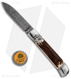 AKC Classic 8" Lever Lock Automatic Italian Knife Stag (3.2" Damascus) -Akc Sales Store AKC Classic 8in LL Stag Horn Damascus Flat BP 30458 jr bottlecap