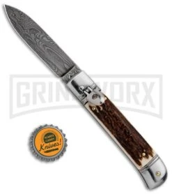 AKC 8" Italian Stiletto Lever Lock Stag Automatic Knife - Damascus Plain -Akc Sales Store AKC Classic 8in LL Stag Horn Damascus Flat BP 30458 jr bottlecap large