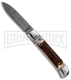 AKC 8" Italian Stiletto Lever Lock Stag Automatic Knife - Damascus Plain