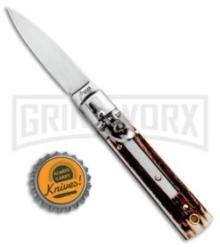 AKC 6" Mini Classic Lever Lock Stag Automatic Knife - Satin Plain -Akc Sales Store AKC Classic LL Stag BHQ 50855 jr bottlecap large