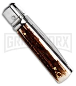 AKC 6" Mini Classic Lever Lock Stag Automatic Knife - Satin Plain -Akc Sales Store AKC Classic LL Stag BHQ 50855 jr side large