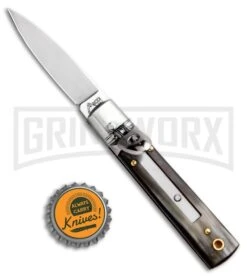 AKC 6" Mini Classic Lever Lock Brazilian Horn Automatic Knife - Satin Plain -Akc Sales Store AKC Classic Leverlock Brazilian Horn BHQ 50889 ns bottlecap large