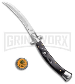AKC Curved Stiletto Black Marble Automatic Knife W/Bottom Bolster - Satin Plain -Akc Sales Store AKC Curved Stiletto Black Marble Auto Satin GX 41027 jr bottlecap large
