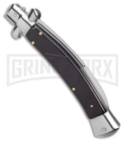 AKC Curved Stiletto Black Marble Automatic Knife W/Bottom Bolster - Satin Plain -Akc Sales Store AKC Curved Stiletto Black Marble Auto Satin GX 41027 jr side large