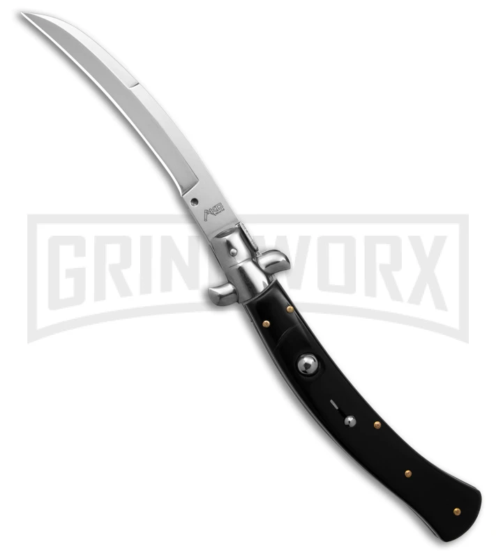 AKC Curved Stiletto Black Marble Automatic Knife - Satin Plain 3 AKC Curved Stiletto Black Marble Automatic Knife - Satin Plain