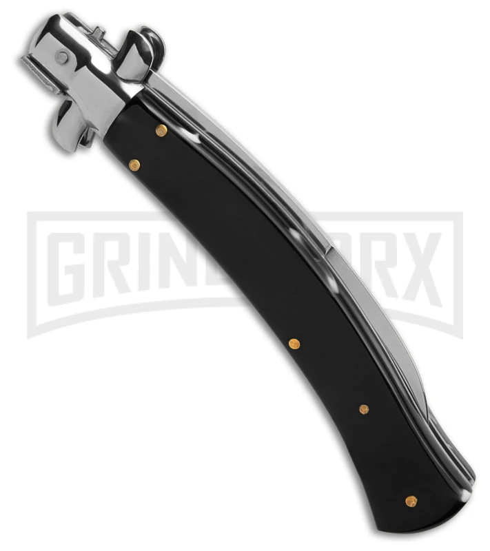 AKC Curved Stiletto Black Marble Automatic Knife - Satin Plain 4 AKC Curved Stiletto Black Marble Automatic Knife - Satin Plain - Image 2