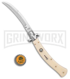 AKC Curved Stiletto Ivory Automatic Knife - Satin Plain -Akc Sales Store AKC Curved Stiletto Ivory Auto Satin GX 41026 jr bottlecap large