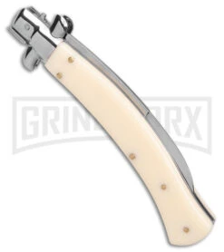 AKC Curved Stiletto Ivory Automatic Knife - Satin Plain -Akc Sales Store AKC Curved Stiletto Ivory Auto Satin GX 41026 jr side large