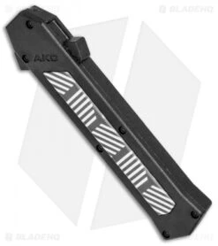 AKC F-16 D/A Bayonet OTF Automatic Knife Black/Stripe (3.3" Satin) -Akc Sales Store AKC F 16 Black Stripe Inlay DA OTF Bayo Satin Plain BP 25394 jr spine