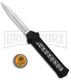 AKC F-16 Skulls D/A OTF Automatic Knife - Bayo Satin Plain -Akc Sales Store AKC F 16 DA Bayo OTF Auto Skulls Satin BHQ 84593 jr bottlecap large
