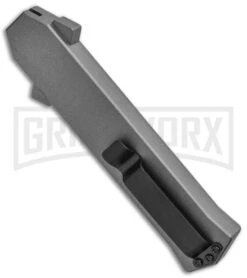 AKC F-16 Gray D/A OTF Automatic Knife - Dagger Satin Plain -Akc Sales Store AKC F 16 DA Dagger OTF Auto Gray Satin BHQ 92691 jr side large