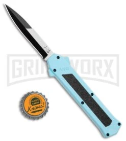 AKC F-16 Teal D/A OTF Automatic Knife - Bayonet Two Tone Plain -Akc Sales Store AKC F 16 Teal DA OTF Auto Bayo TT Plain GX 35011 jr bottlecap large