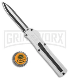 AKC F-20 White Aluminum D/A Drop Point OTF Automatic Knife - Two Tone Plain -Akc Sales Store AKC F 20 DA DP OTF Auto White Aluminum TT BHQ 179282 jr bottlecap large