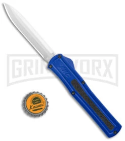 AKC F-20 Blue D/A OTF Automatic Knife - Spear Point Satin Plain -Akc Sales Store AKC F 20 DA Dagger OTF Auto Blue Satin BHQ 140833 jr bottlecap large
