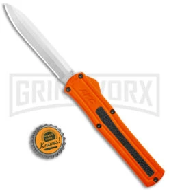 AKC F-20 Orange D/A OTF Drop Point Automatic Knife - Satin Plain -Akc Sales Store AKC F 20 DA Dagger OTF Auto Orange Satin BHQ 140491 jr bottlecap large