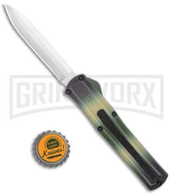 AKC F-20 Camo D/A OTF Automatic Knife - Spear Point Satin Plain -Akc Sales Store AKC F 20 DA SP OTF Auto Camo Satin BHQ 141095 jr bottlecap large