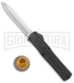 AKC F-20 Black D/A OTF Automatic Knife - Spear Point Satin Plain -Akc Sales Store AKC F 20 DA SP OTF Auto black Satin BHQ 141097 jr bottlecap large