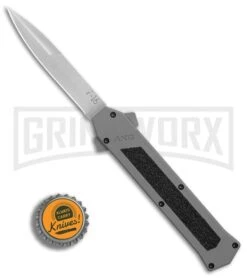 AKC F-16 Gray D/A OTF Automatic Knife - Bayo Satin Plain -Akc Sales Store AKC F16 DA Bayo Satin Plain BP 25691 er bottlecap large