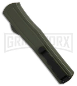 AKC F-20 D/A OTF OD Green Aluminum Automatic Knife - Satin Plain -Akc Sales Store AKC F20 DA OTF AK Dagger OD Green Alum 3in Satin BHQ 178613 td side large
