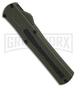 AKC F-20 D/A OTF OD Green Aluminum Automatic Knife - Satin Plain -Akc Sales Store AKC F20 DA OTF AK Dagger OD Green Alum 3in Satin BHQ 178613 td spine large