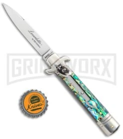 AKC 7.75" Leverletto Abalone Automatic Knife - Flat -Akc Sales Store AKC Leverletto 7.75 Auto Italian Stiletto Abalone Satin Flat BHQ 104097 jr bottlecap large