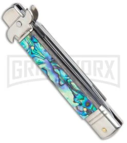AKC 7.75" Leverletto Abalone Automatic Knife - Flat -Akc Sales Store AKC Leverletto 7.75 Auto Italian Stiletto Abalone Satin Flat BHQ 104097 jr side large