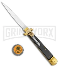 AKC 9" Leverletto Ebony Wood Brass Automatic Knife - Flat Grind -Akc Sales Store AKC Leverletto 9in LL Auto Italian Brass Ebony Wood Satin BHQ 50869 jr bottlecap large