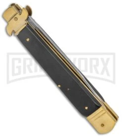 AKC 9" Leverletto Ebony Wood Brass Automatic Knife - Flat Grind -Akc Sales Store AKC Leverletto 9in LL Auto Italian Brass Ebony Wood Satin BHQ 50869 jr side large