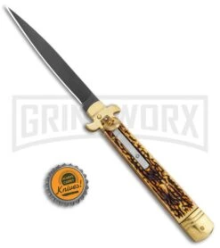 AKC 9" Leverletto Stag Horn Brass Black Automatic Knife - Flat Grind -Akc Sales Store AKC Leverletto 9in LL Auto Italian Brass Stag Horn Black BHQ 135092 jr bottlecap large